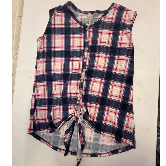 Vintage POMELO USA Large Plaid female top blouse front tie on waist  buttons - Picture 1 of 8